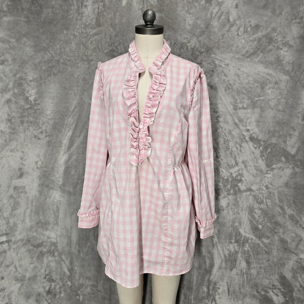 Ami Tunic Dress Women XL Pink Gingham Ruffle V-Neck Roll Tab Western Cottagecore